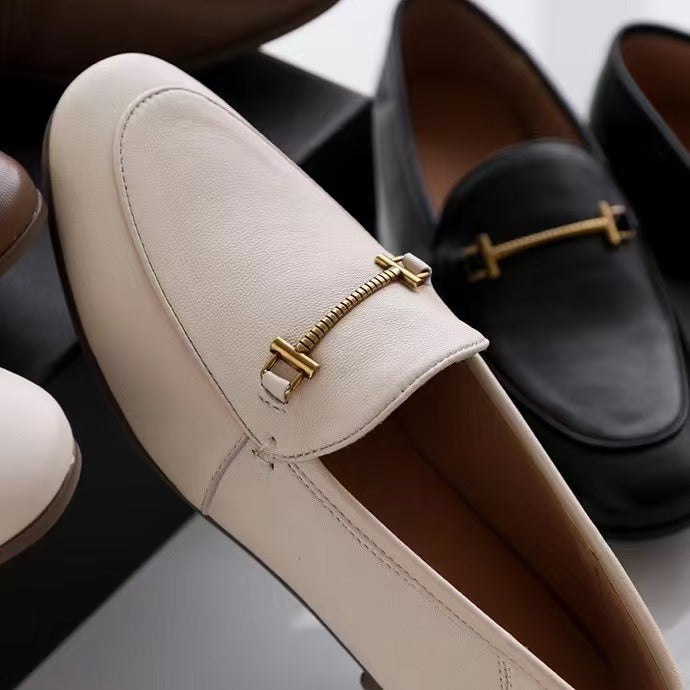 Coffe Color Super Soft Lambskin Metal Buckle Women's Bean Shoes Flat Mules Loafers Shoes