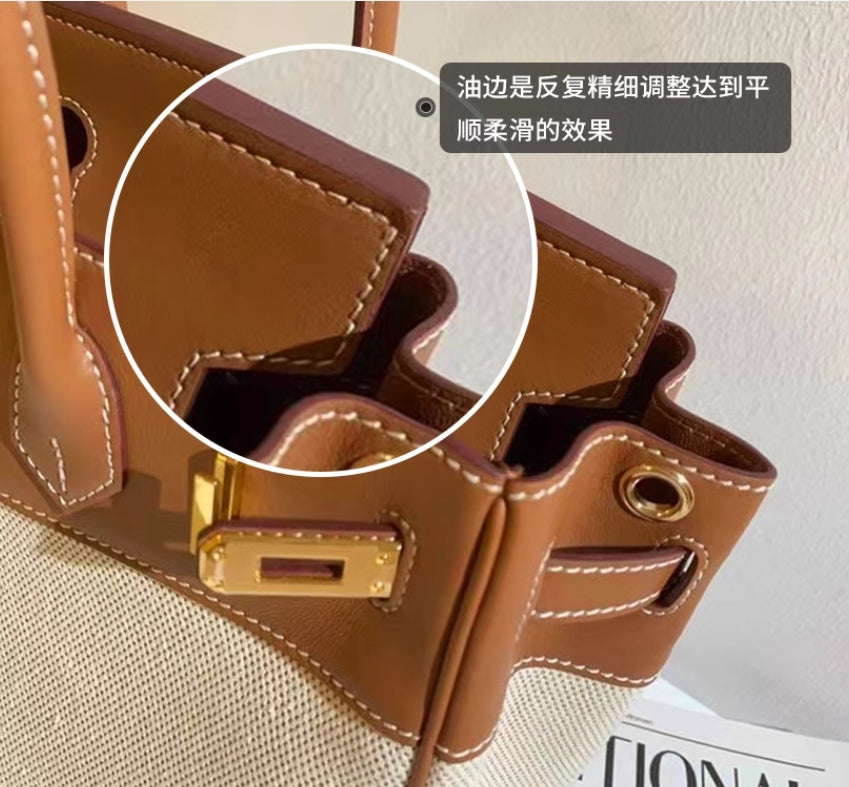 2025 New Canvas Platinum Stitching Golden Brown Messenger Bag Women's Casual Large Capacity Genuine Leather Single Shoulder Kelly Handbag