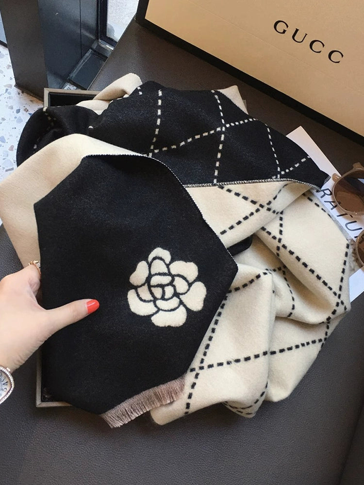 2025 Autumn Winter Long Scarf Shawl Dual-purpose Women‘s New Camellia Rectangular Black And Beige Fashion Unique Cloak
