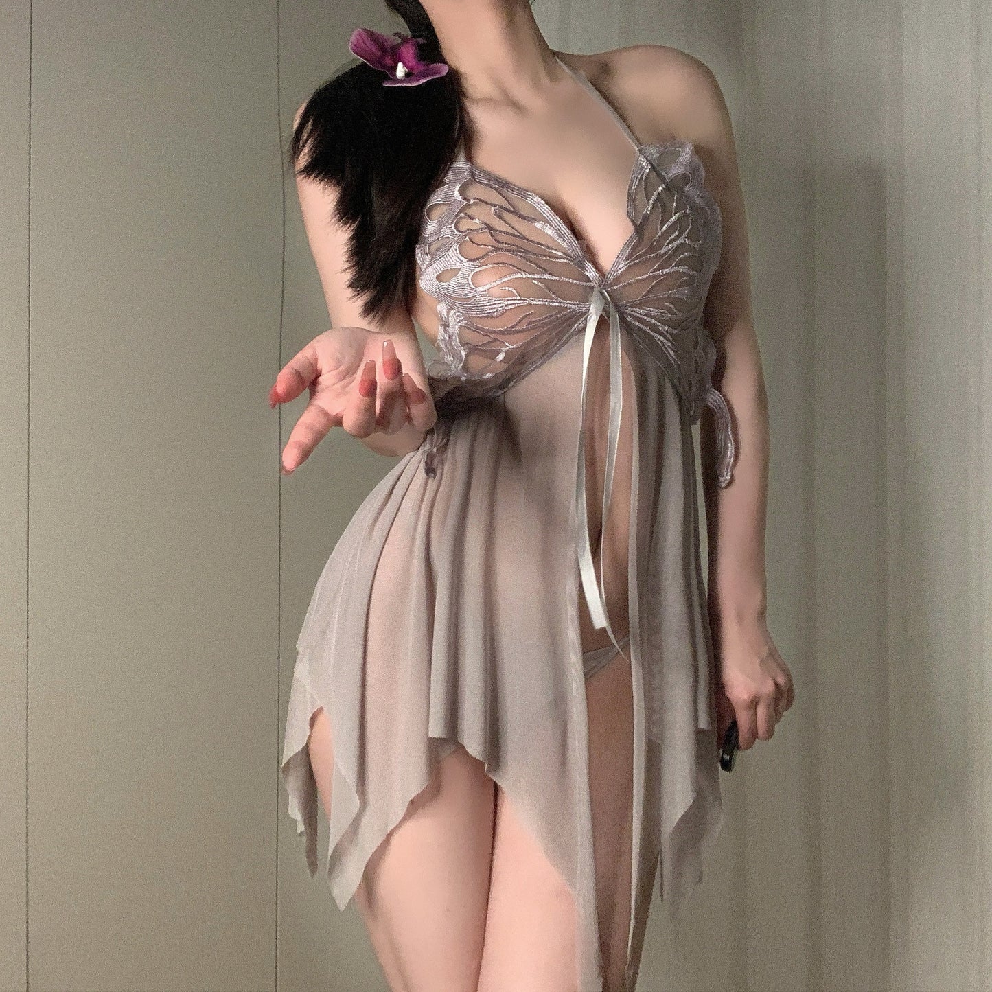 Plus Size White Backless Mesh Sexy Lingerie Women's Butterfly Halter Neck Suspender Nightdress Underwear Suit