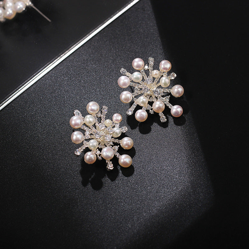 Elegant 925 Silver Needle Pearl Snowflake Trendy Ins Big Fashion Earrings