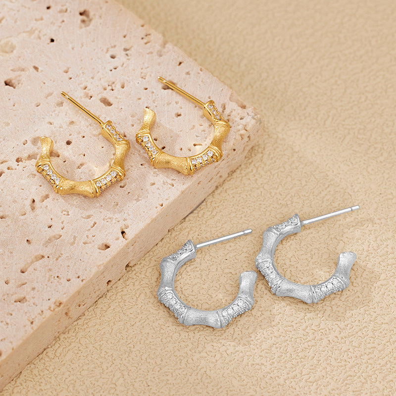 Gold-colored Simple Medieval Brushed Bamboo Silver Earrings Women‘s Cool Style Niche Design Light Luxury Personality Earrings