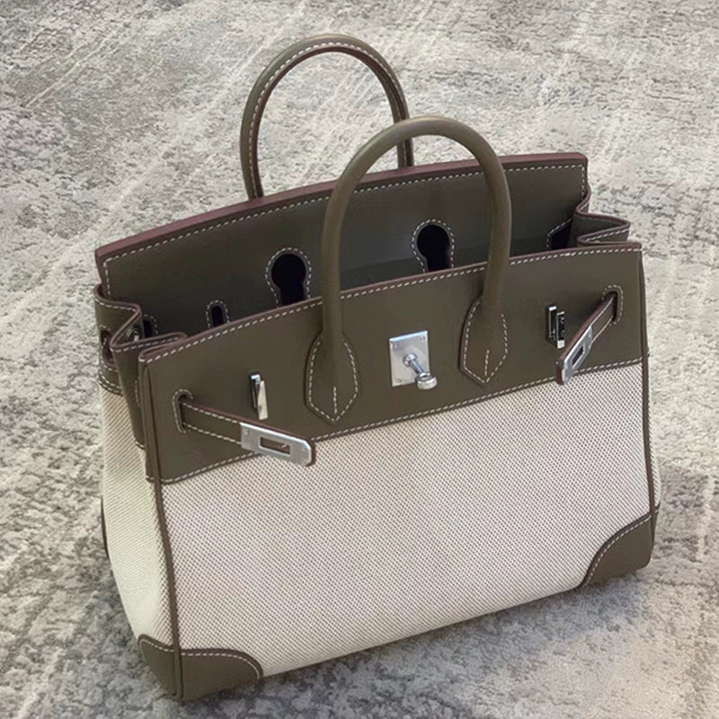 2025 New Canvas Platinum Stitching Golden Brown Messenger Bag Women's Casual Large Capacity Genuine Leather Single Shoulder Kelly Handbag