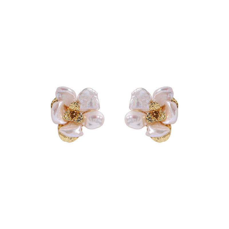 2025 New Camellia Baroque Pearl Earrings Women's Light Luxury and Versatile Retro Floral Earrings