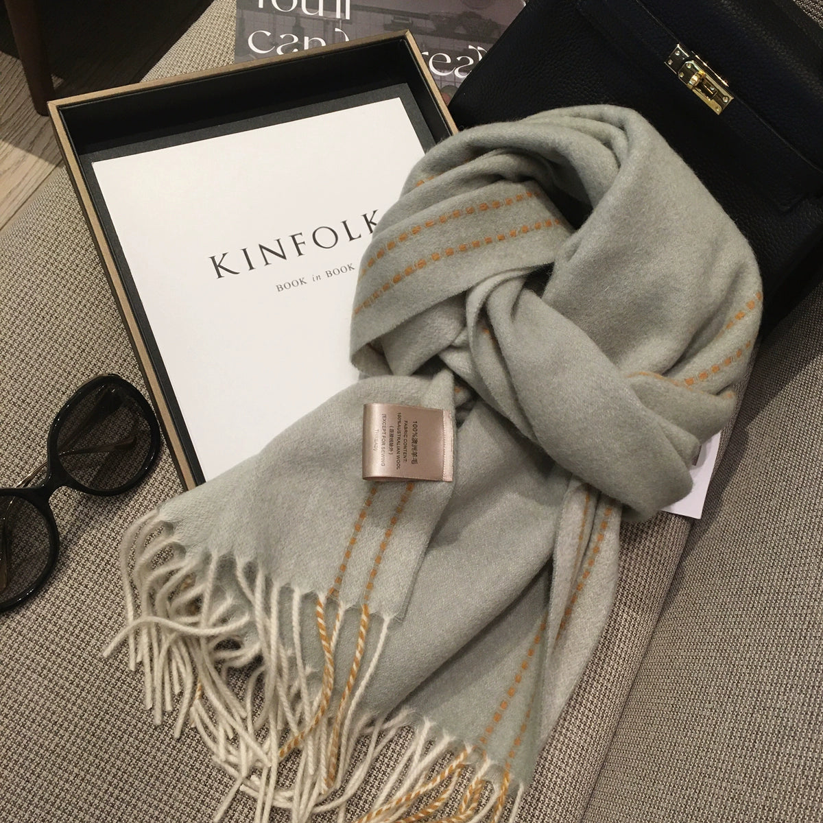 Gray Wool Warm Scarf Women's Stitching Design Double-sided Long Cashmere Shawl