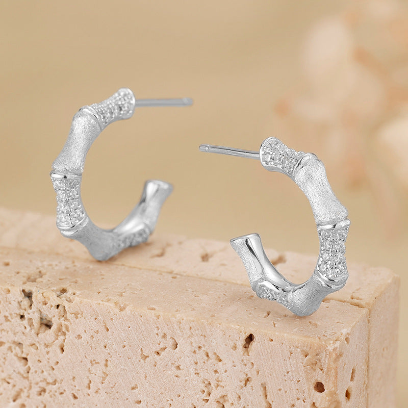 Gold-colored Simple Medieval Brushed Bamboo Silver Earrings Women‘s Cool Style Niche Design Light Luxury Personality Earrings