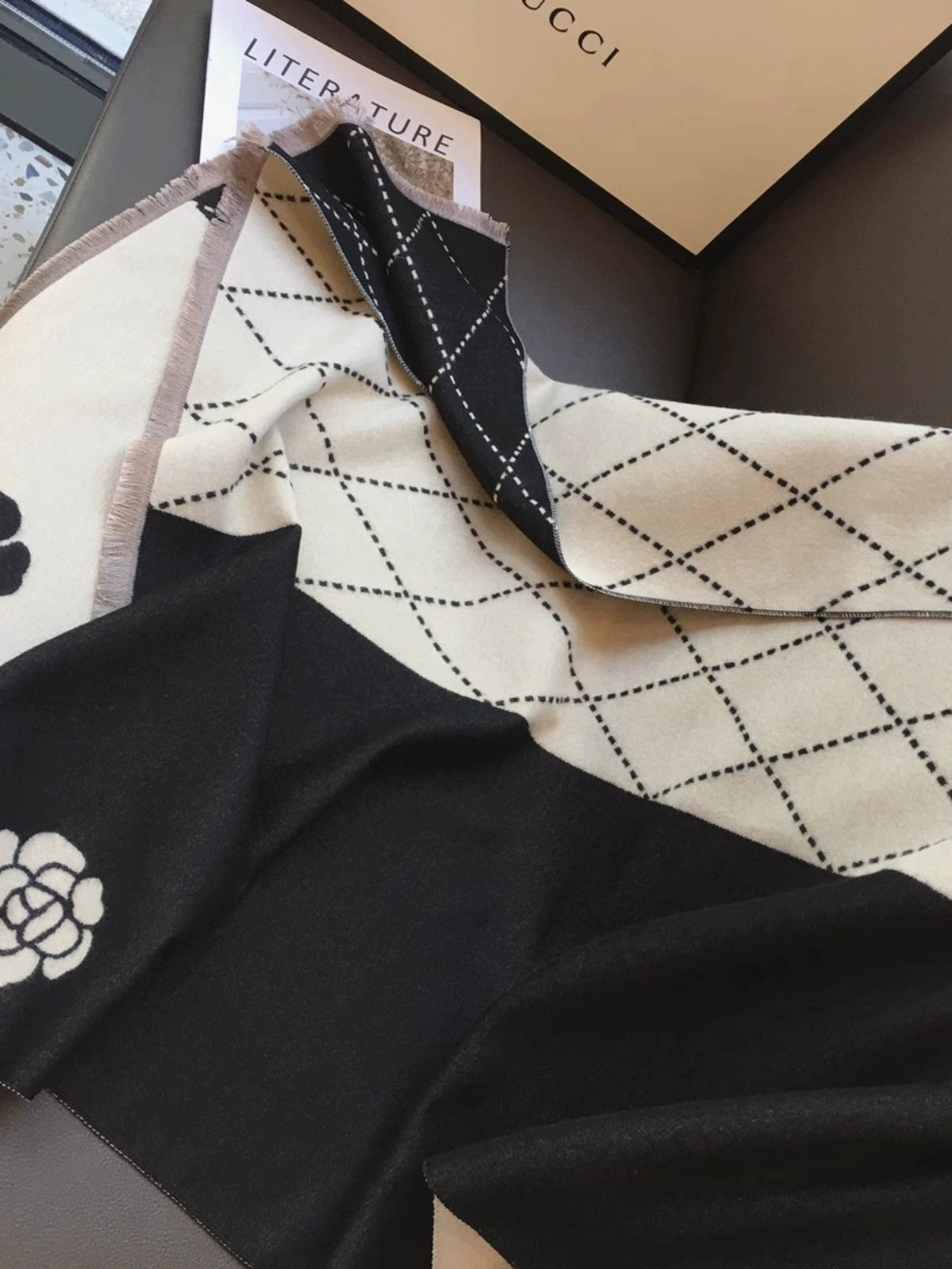 2025 Autumn Winter Long Scarf Shawl Dual-purpose Women‘s New Camellia Rectangular Black And Beige Fashion Unique Cloak