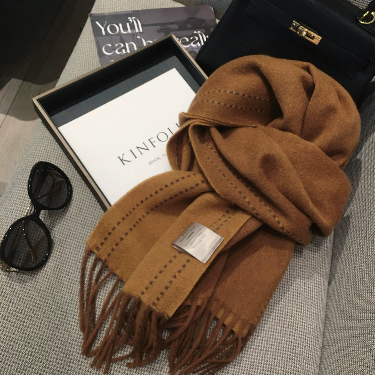 Gray Wool Warm Scarf Women's Stitching Design Double-sided Long Cashmere Shawl