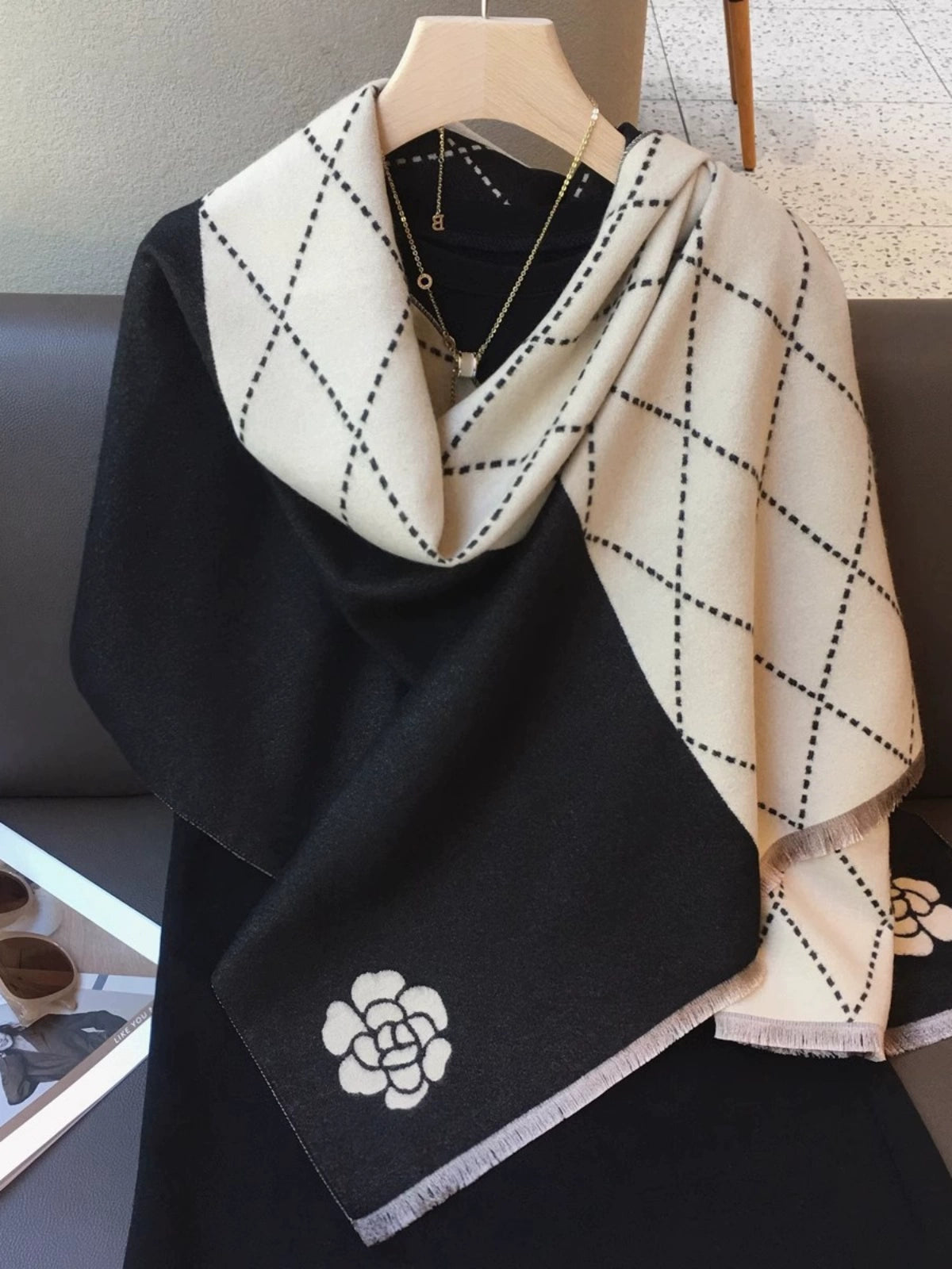 2025 Autumn Winter Long Scarf Shawl Dual-purpose Women‘s New Camellia Rectangular Black And Beige Fashion Unique Cloak
