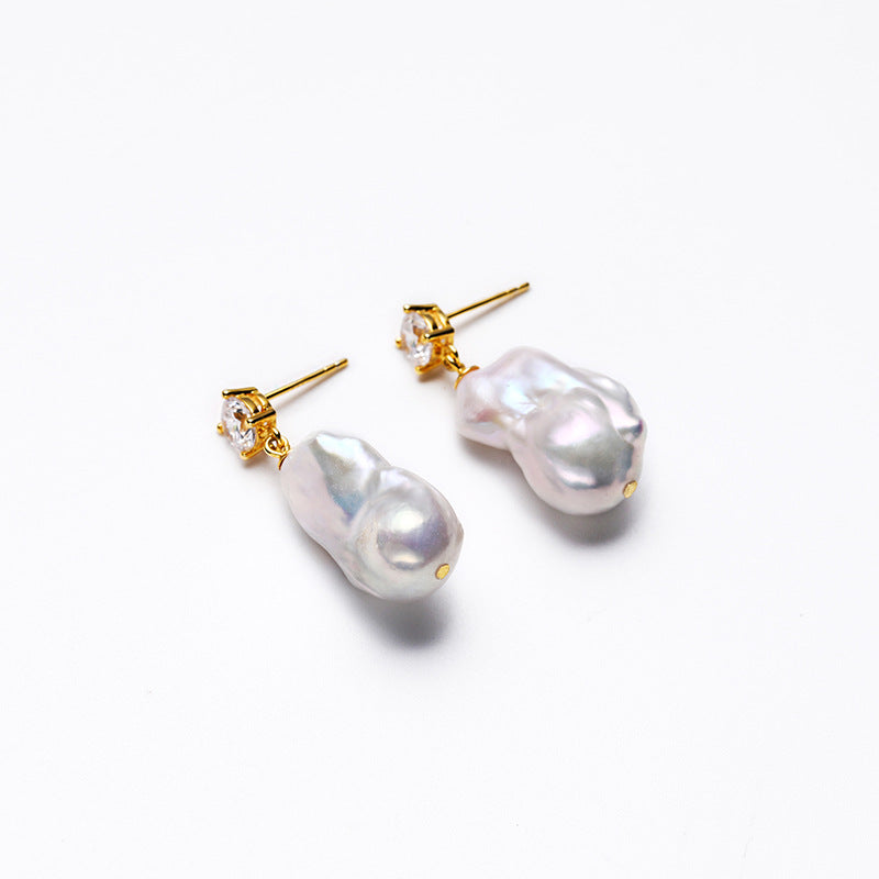 Baroque Freshwater Pearl 925 Silver Geometric Korean Earrings Women‘s Fashion Simple High-end Personalized Earrings