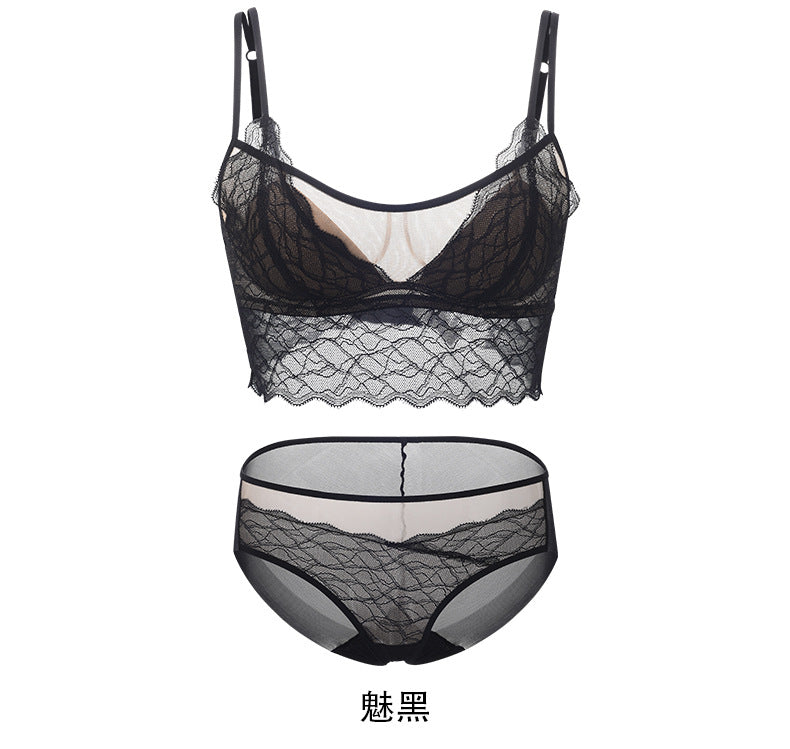 2025 French Style Black Silk Contrast Lace Bra And Panty Set Women‘s Anti-exposure Double Cup Lace Underwear Set
