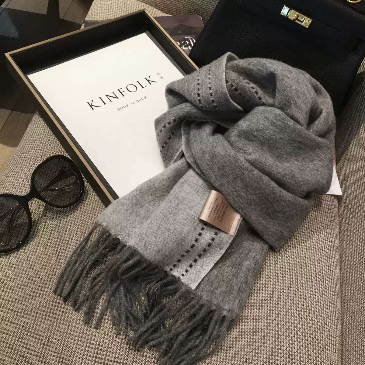 Gray Wool Warm Scarf Women's Stitching Design Double-sided Long Cashmere Shawl