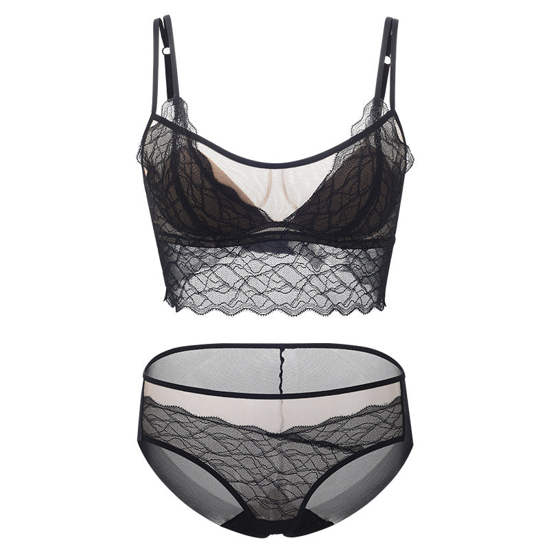 2025 French Style Black Silk Contrast Lace Bra And Panty Set Women‘s Anti-exposure Double Cup Lace Underwear Set
