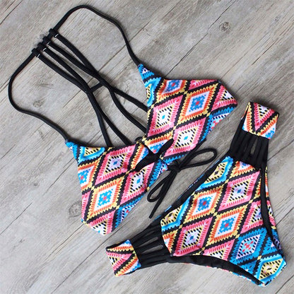 2025 New Hot Selling European And American Fashionable Print Retro Style Low Waist Tie Suspender Bikini Two Piece Swimwear