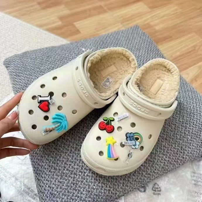 White Crocs Warm Cotton Hole Shoes Thick-soled Beach Shoes Box Toe Slippers Outdoor Height-increasing Slippers