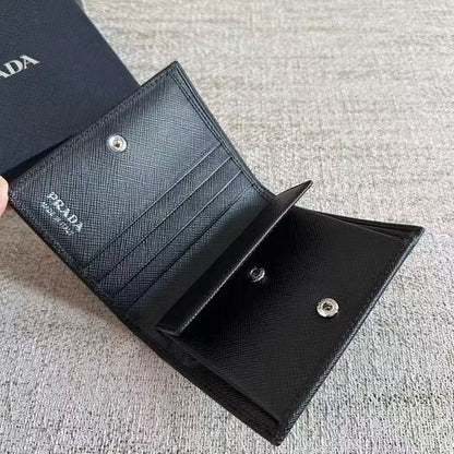 Black Bifold Classic Solid Cross-grain Cow Leather Card Wallet Women's Coin Purse Bag