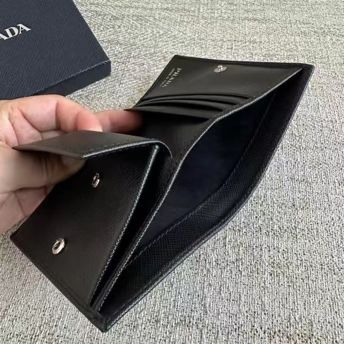 Black Bifold Classic Solid Cross-grain Cow Leather Card Wallet Women's Coin Purse Bag