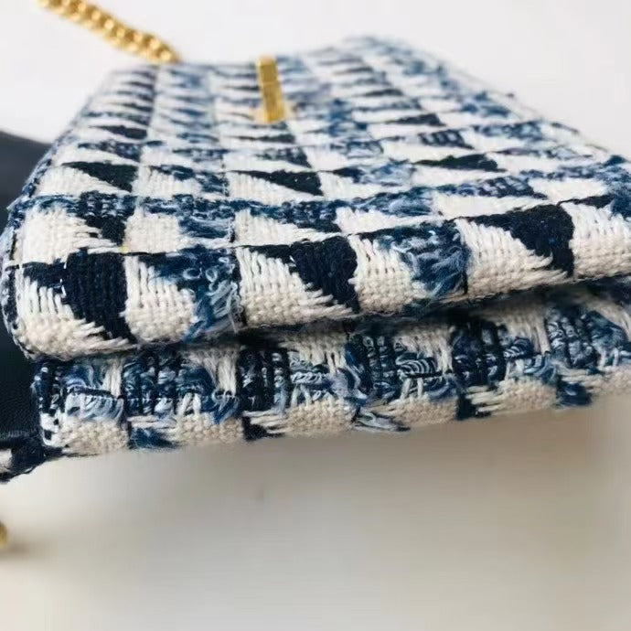 Blue Tweed Chanelstyle Logo Chain Tassel Single Shoulder Crossbody Contrast Color Stitching Lightweight Bag