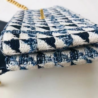 Blue Tweed Chanelstyle Logo Chain Tassel Single Shoulder Crossbody Contrast Color Stitching Lightweight Bag