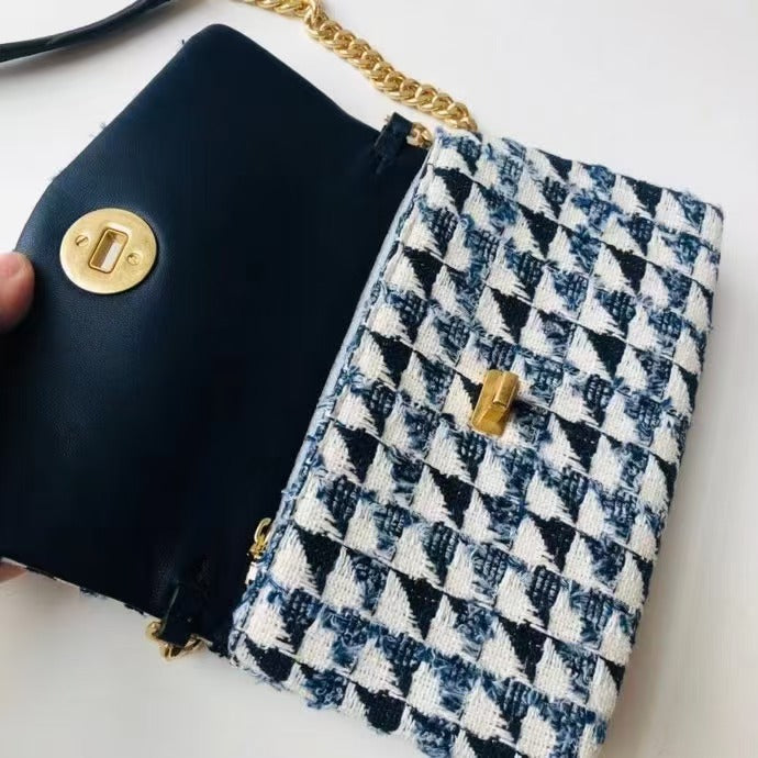 Blue Tweed Chanelstyle Logo Chain Tassel Single Shoulder Crossbody Contrast Color Stitching Lightweight Bag