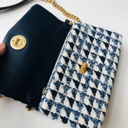 Blue Tweed Chanelstyle Logo Chain Tassel Single Shoulder Crossbody Contrast Color Stitching Lightweight Bag