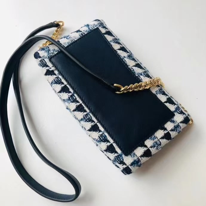 Blue Tweed Chanelstyle Logo Chain Tassel Single Shoulder Crossbody Contrast Color Stitching Lightweight Bag