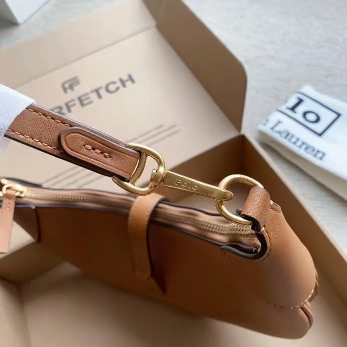 Niche Light Brown Metal Logo Lock Saddle One-shoulder Underarm Commuter Bag Women's Leather Handbag Crescent Cowhide Bag