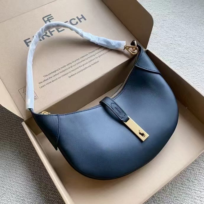Niche Light Brown Metal Logo Lock Saddle One-shoulder Underarm Commuter Bag Women's Leather Handbag Crescent Cowhide Bag