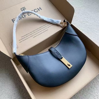 Niche Light Brown Metal Logo Lock Saddle One-shoulder Underarm Commuter Bag Women's Leather Handbag Crescent Cowhide Bag