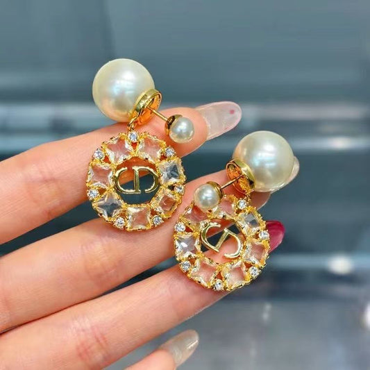 French Retro Front And Back Pearl Earrings Women's Light Luxury Round Letter Square Diamond Earrings