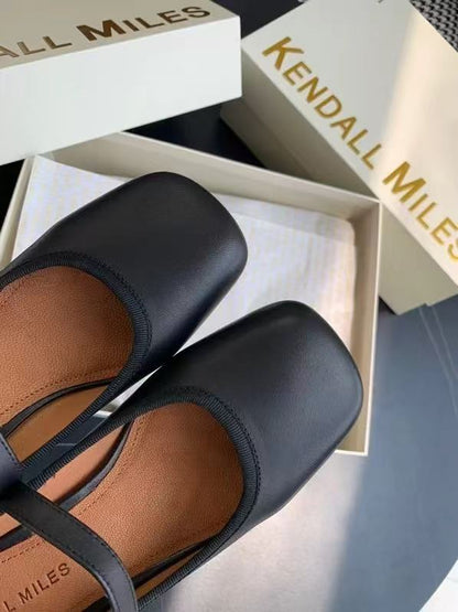 2025 Spring Summer New Black Cowhide Thick Heel Mary Jane Single Shoes Women's French Square Head Shallow Mouth Strap Pearl Bridesmaid Shoes