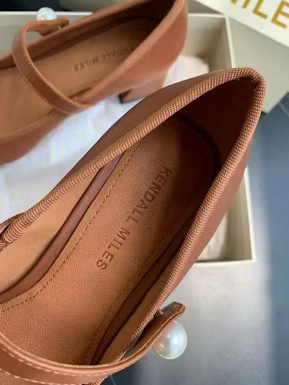 2025 Spring Summer New Black Cowhide Thick Heel Mary Jane Single Shoes Women's French Square Head Shallow Mouth Strap Pearl Bridesmaid Shoes