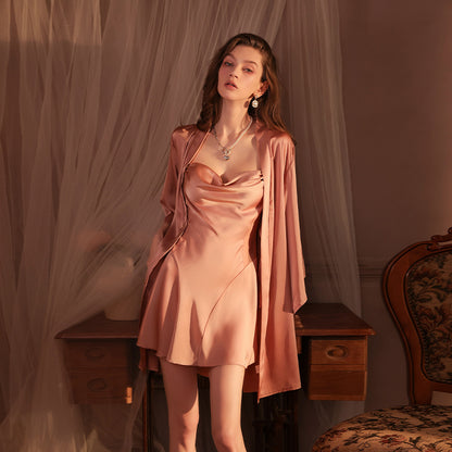 Light Blue Deep V Satin Suspender Nightdress Sexy Lingerie Women's Swaying Collar Hollow Pure Desire Backless Ribbon Home Pajamas