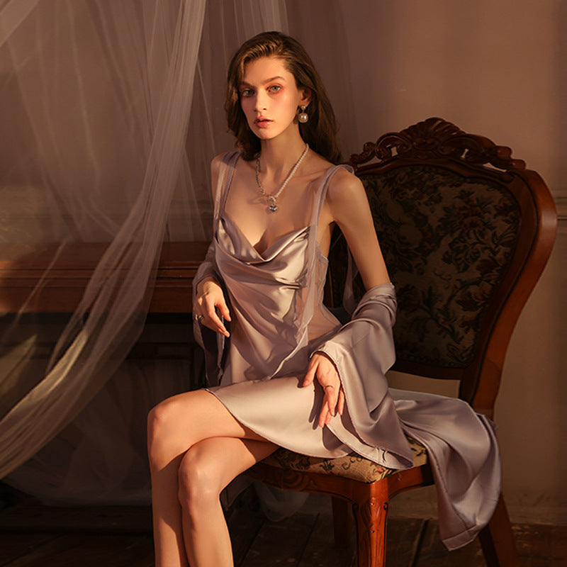 Light Blue Deep V Satin Suspender Nightdress Sexy Lingerie Women's Swaying Collar Hollow Pure Desire Backless Ribbon Home Pajamas