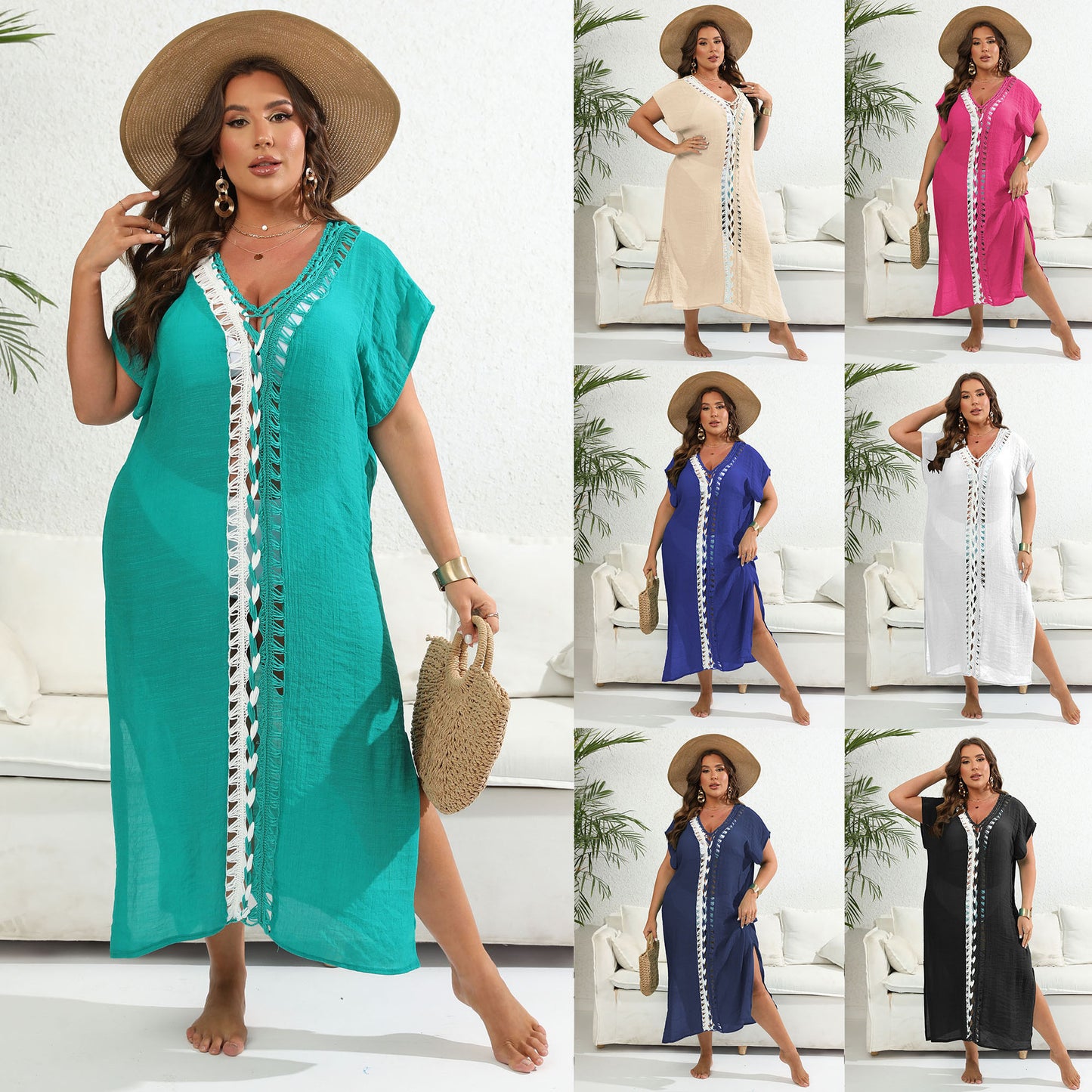 Plus Size Green Long Holiday Beach Swimsuit Cardigan Women's Contrasting Colors Deep V-neck Slit Dress