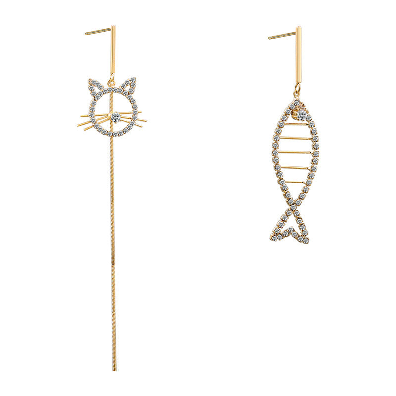 Personalized Cat Fish Asymmetrical Fashion Earrings Women‘s New Style Long Tassels Popular Online Celebrity Earrings