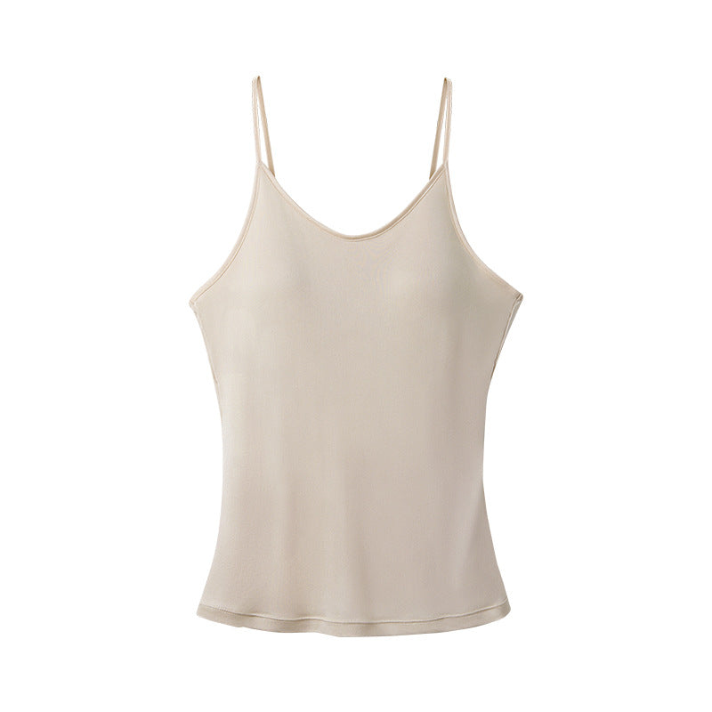 2025 Spring Summer Knitted Silk Basic Color Camisole Women's Builtin Bra Thin Mulberry Silk Camisole With Cups Underwear