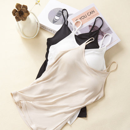 2025 Spring Summer Knitted Silk Basic Color Camisole Women's Builtin Bra Thin Mulberry Silk Camisole With Cups Underwear