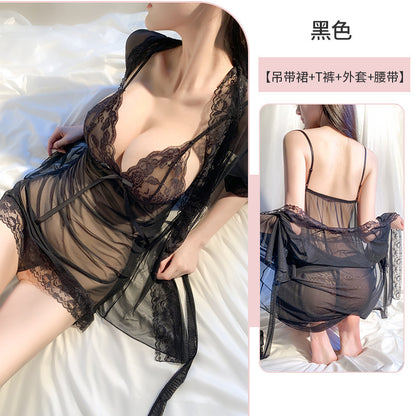 White Large Size Sexy Lingerie Suit Women's Transparent No-take-off Pajamas Three-piece Sleepwear Suit