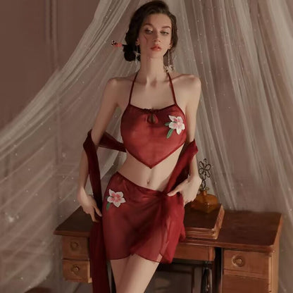 Chinoiserie Red Soft Gauze See-through Halter Neck Sexy Lingerie Women‘s Peach Blossom Embroidery Ancient Style Bellyband Uniform Set
