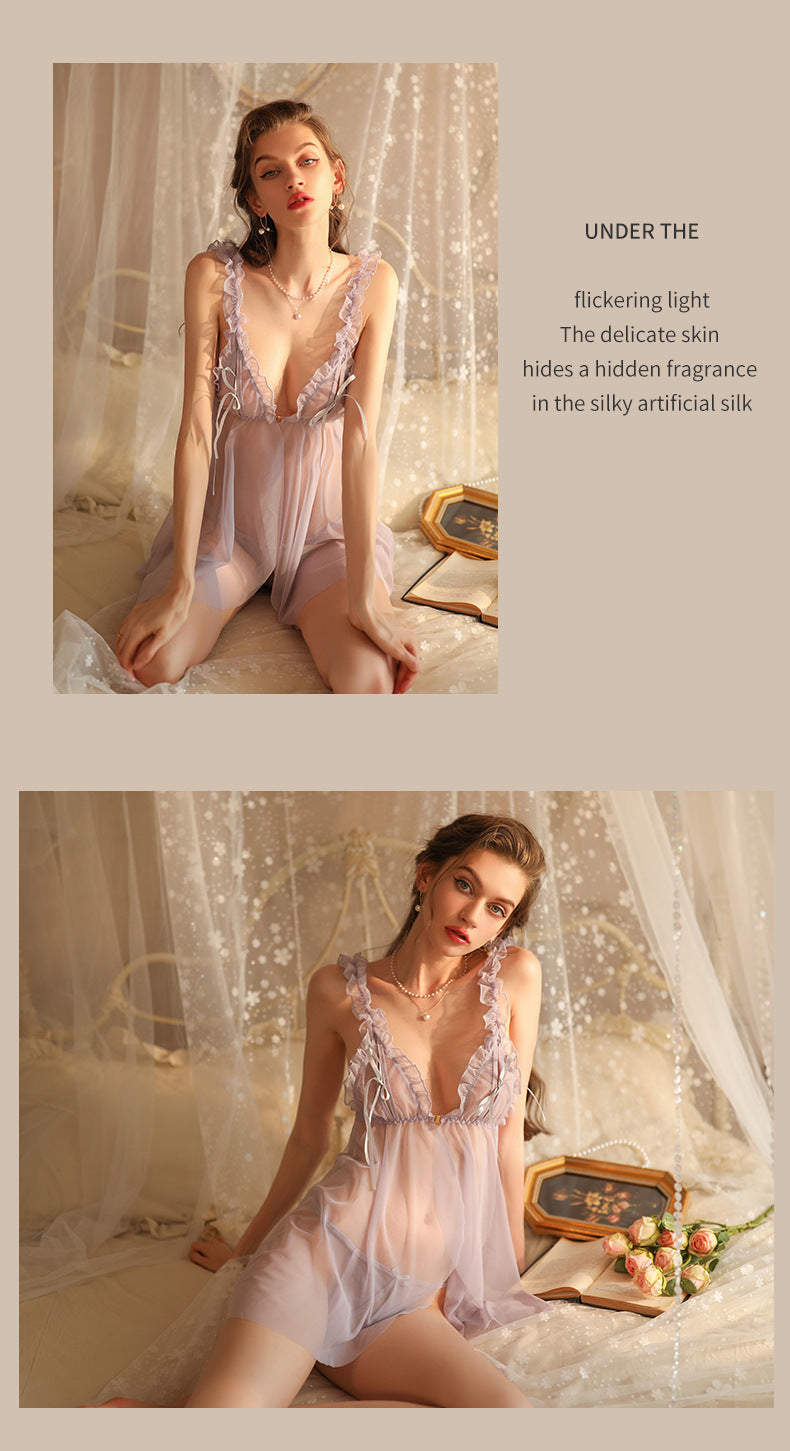 New Light Purple Free-to-take-off Transparent Lace Sexy Pajamas Women's Mesh See-throughlow-cut Buckled Suspender Sexy Lingerie