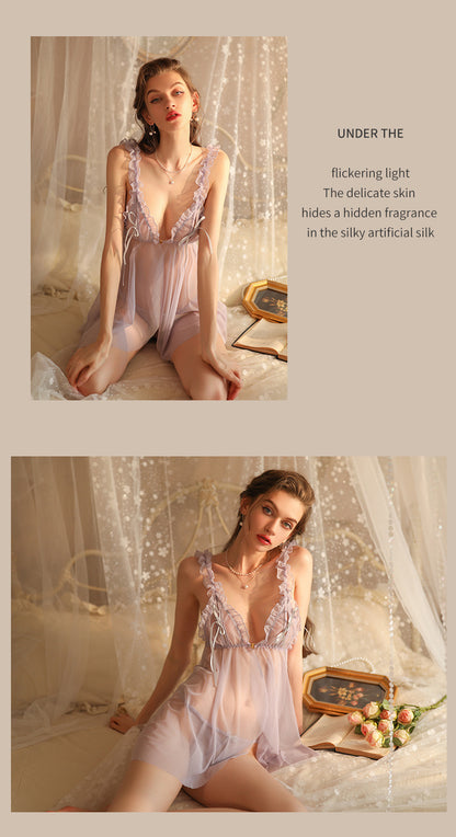 New Light Purple Free-to-take-off Transparent Lace Sexy Pajamas Women's Mesh See-throughlow-cut Buckled Suspender Sexy Lingerie
