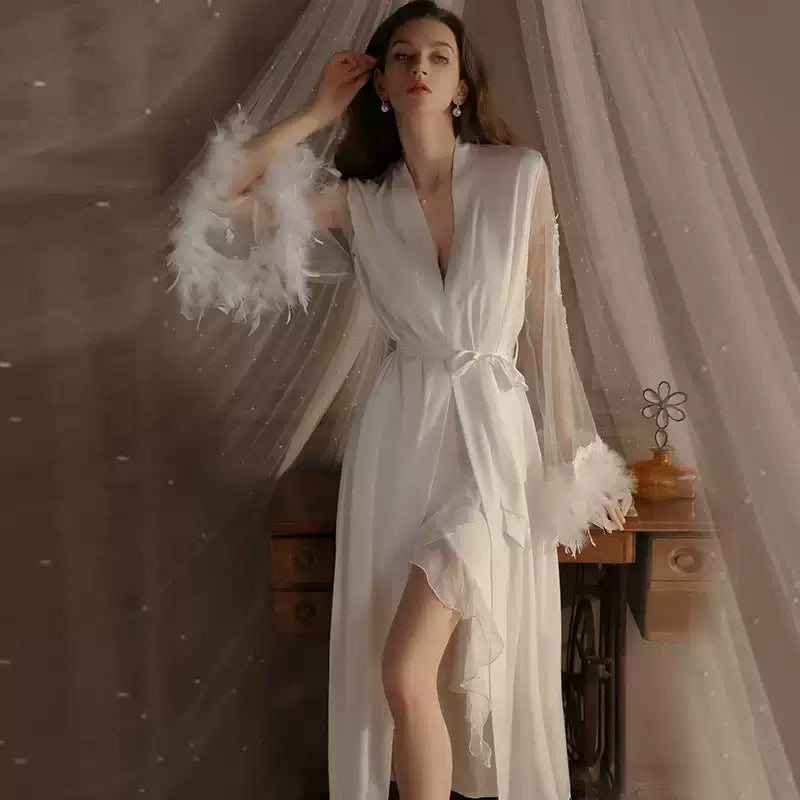 White Long Plus Size Sexy Pajamas Women's Bathrobe Silk Slit V Neck Pure Desire Palace Style Nightgown Set