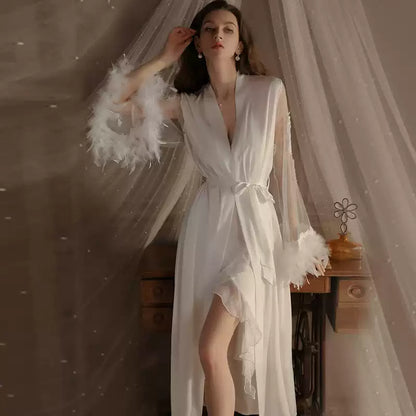 White Long Plus Size Sexy Pajamas Women's Bathrobe Silk Slit V Neck Pure Desire Palace Style Nightgown Set