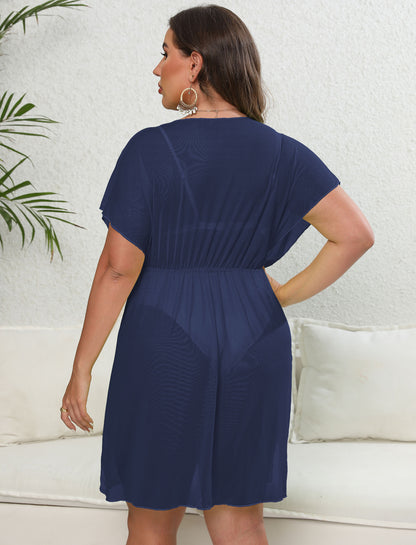 European And American Green Plus Size Swimwear Cover-up Women's Sexy See-through Mesh Skirt Deep V Slit Waist Beach Dress