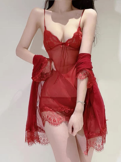 White Large Size Sexy Lingerie Suit Women's Transparent No-take-off Pajamas Three-piece Sleepwear Suit