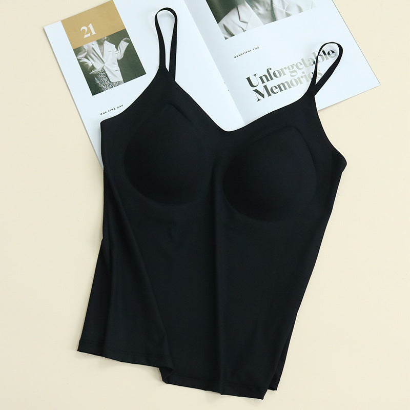2025 Spring Summer Solid Color Bottom Camisole Vest Women's High Elastic Loose Silk Lining Cup One-piece Underwear Camisoles