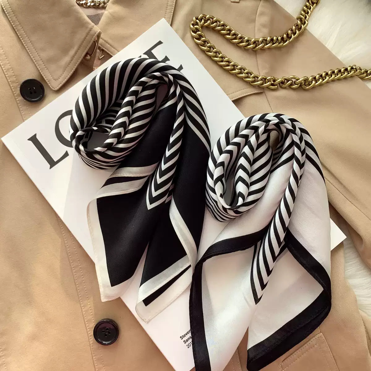 2025 Classic Black White Mulberry Silk Scarf Korean Versatile Striped Thin Decorative Small Square Scarf