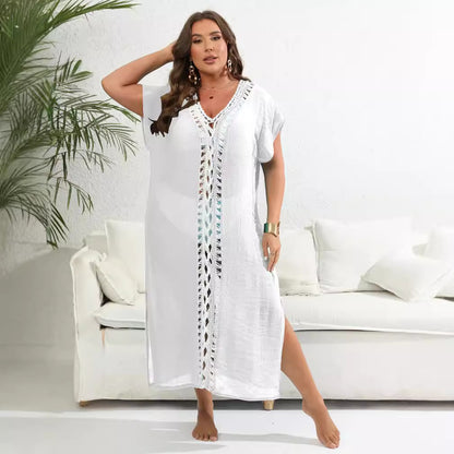 Plus Size Green Long Holiday Beach Swimsuit Cardigan Women's Contrasting Colors Deep V-neck Slit Dress