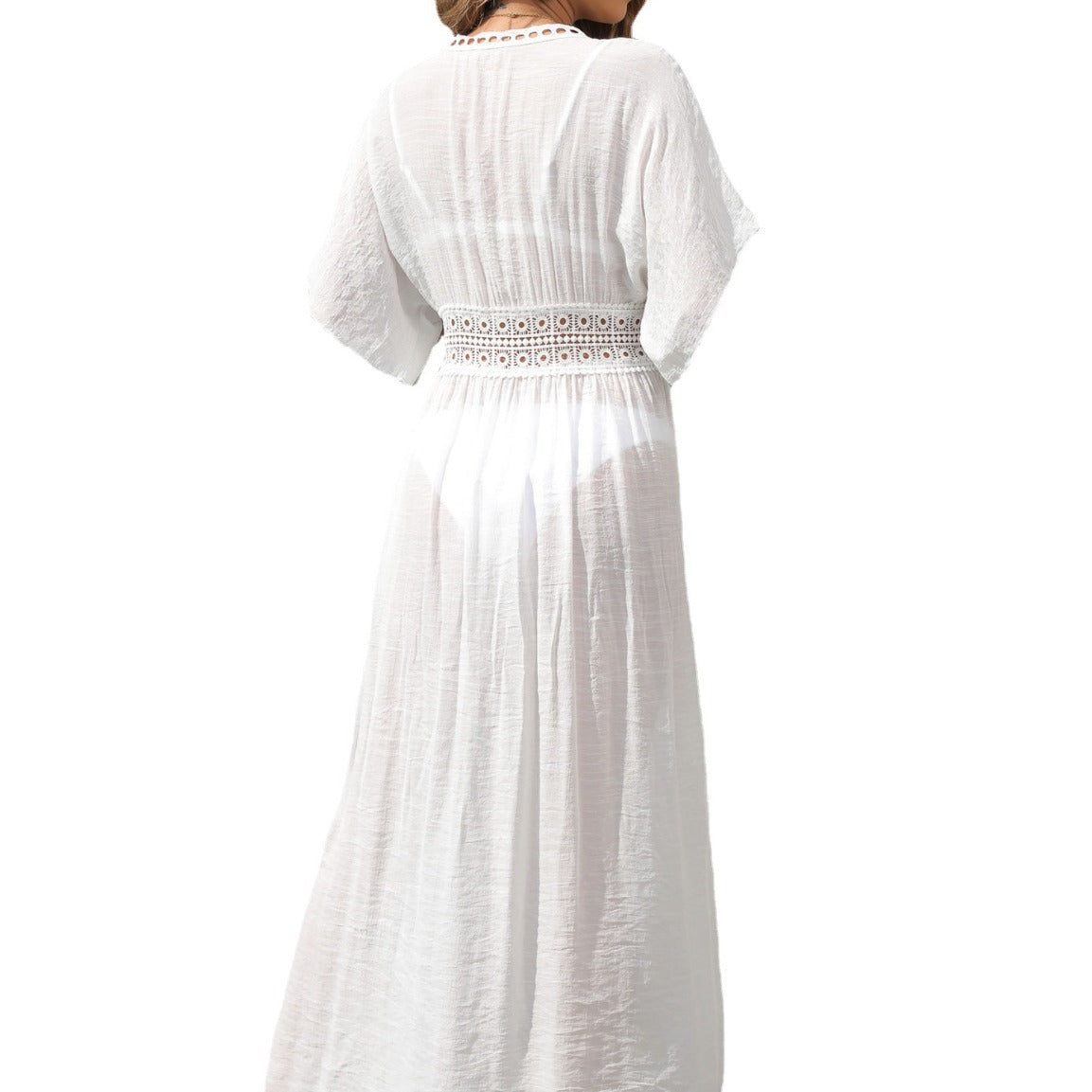 2025 European And American White Swimwear Cardigan Women's Lace Splicing Strap Long Beach Sun Protection Shirt
